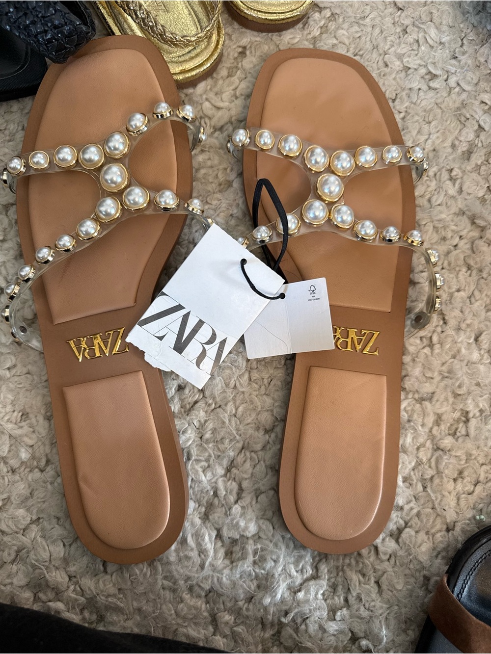 ZARA Tan Slide Sandals with Pearl-Embellished Clear Straps size 40